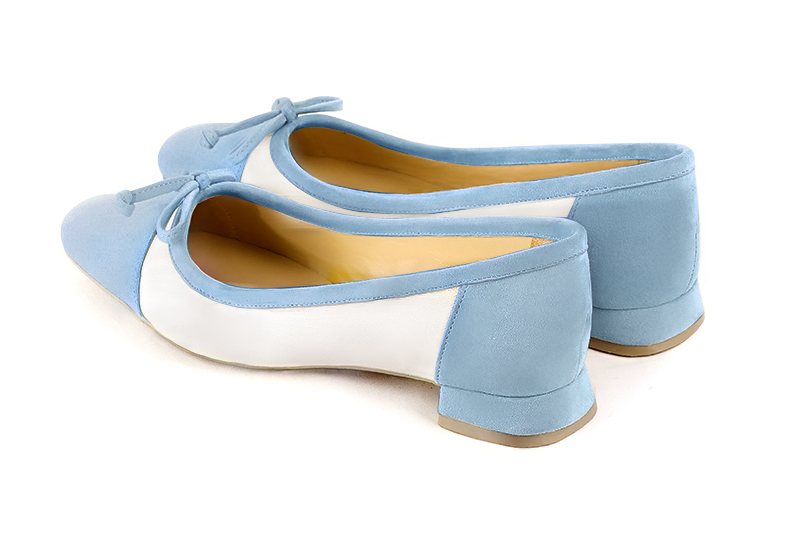 Sky blue and pure white women's ballet pumps, with low heels. Square toe. Flat flare heels. Rear view - Florence KOOIJMAN